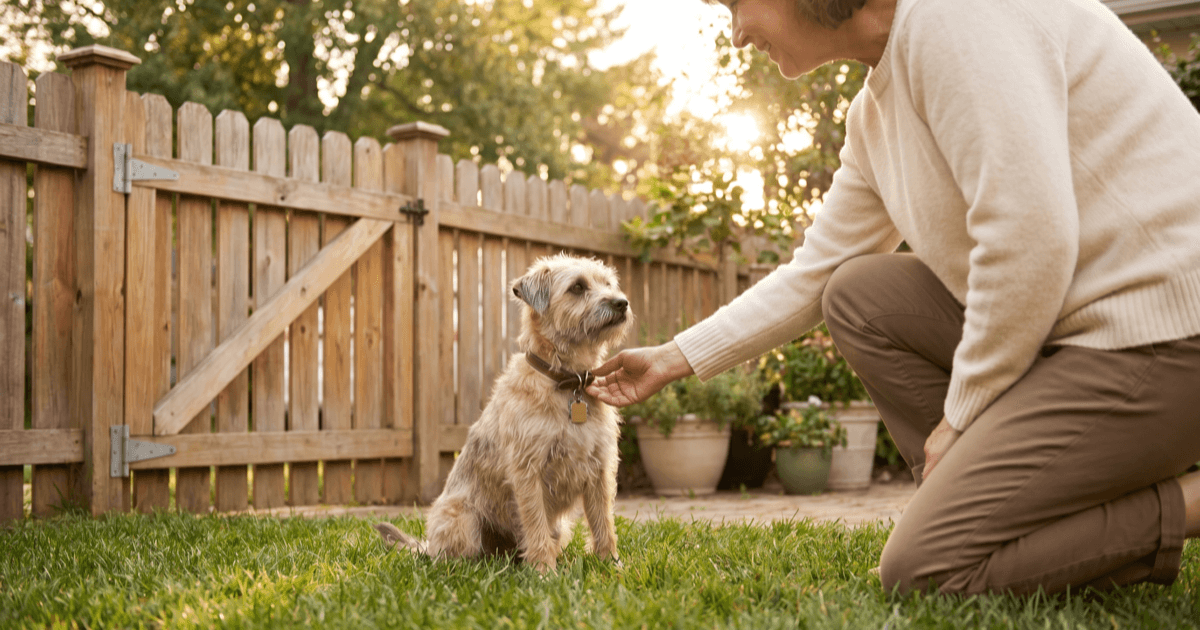 A quiet residential backyard at golden hour with a wooden fence and soft grass, a friendly small dog sitting calmly near the gate, and a neighbor kneeling at a respectful distance to gently check the dog’s collar tag.