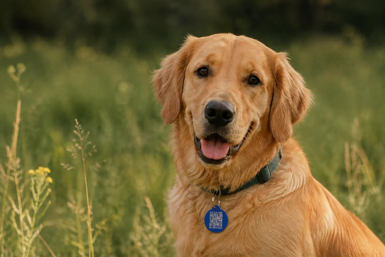 A golden retriever wearing a blue Driyu tag on a teal collar in a sunny meadow
