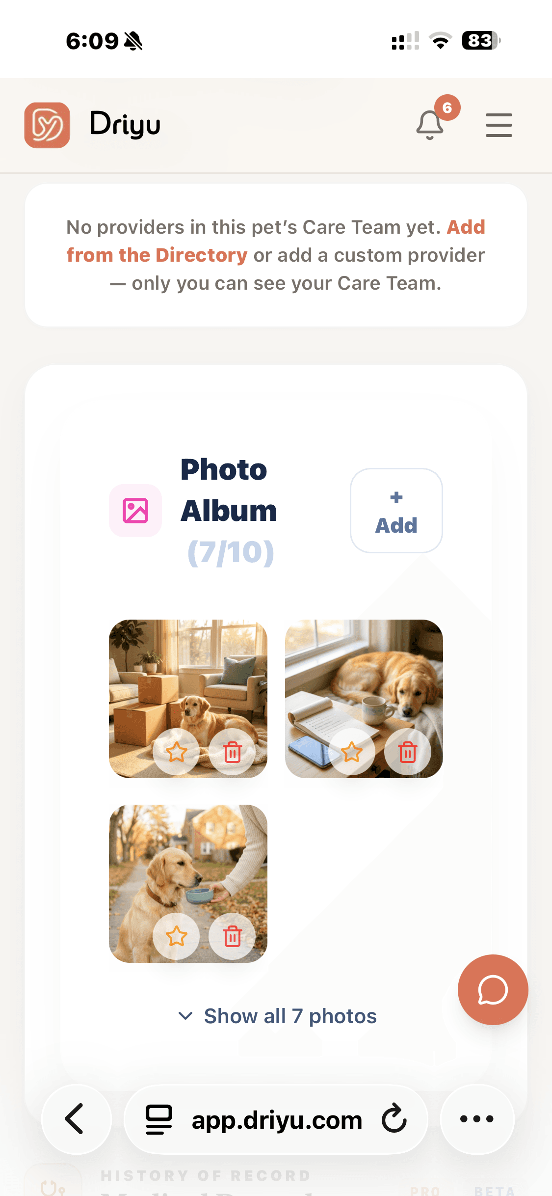 Screenshot of the Driyu app showing the pet profile photo album with sample pet data