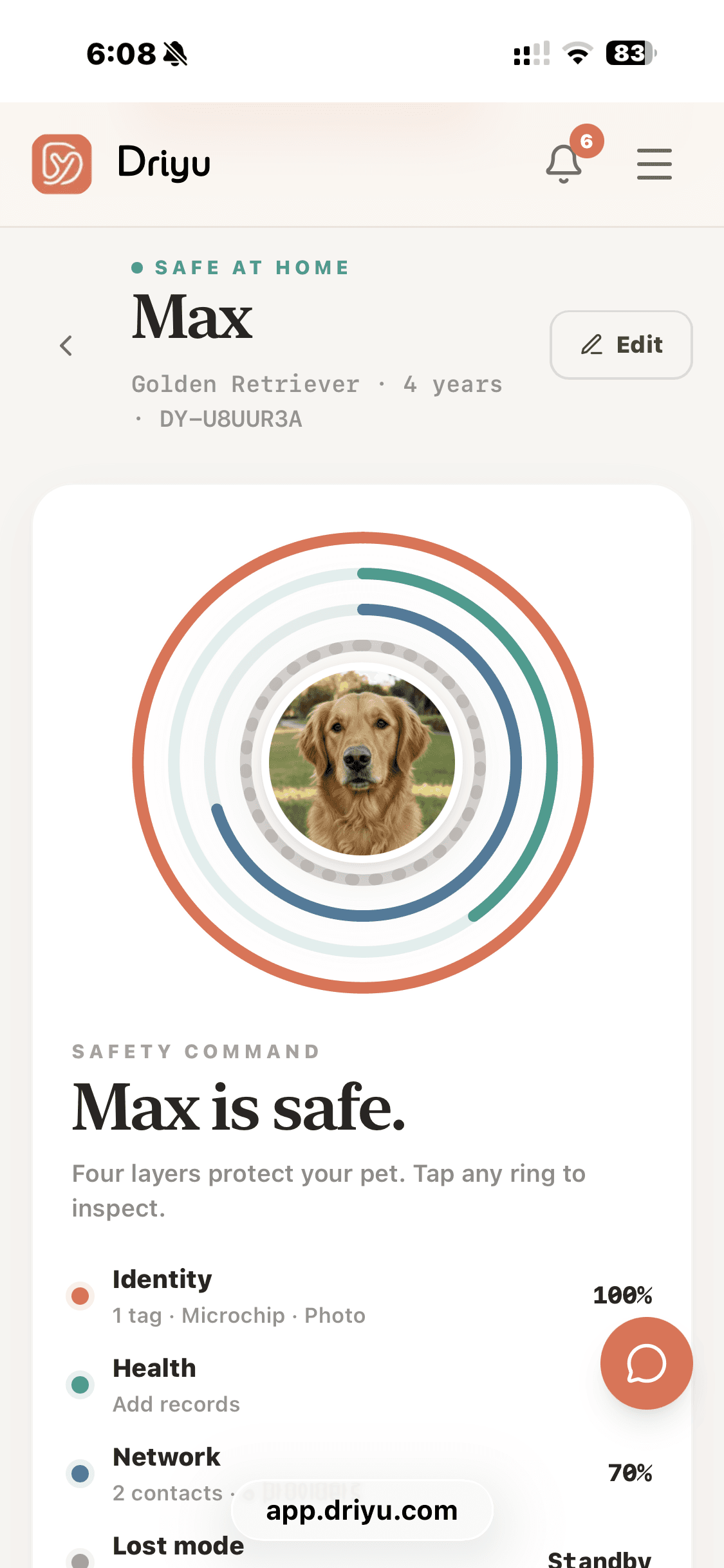 Screenshot of the Driyu app showing the four-layer safety ring with sample pet data