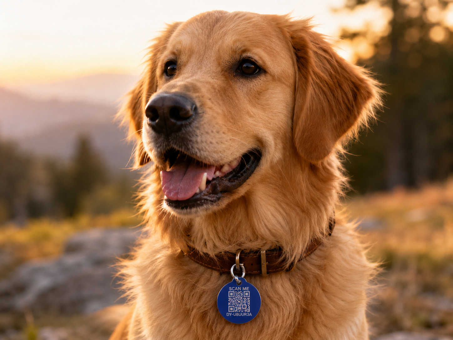 Golden retriever wearing a real Driyu tag, shown as the product journey hero.
