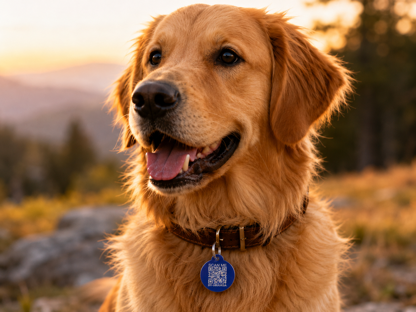 Close-up of a dog wearing a Driyu smart tag on its collar.