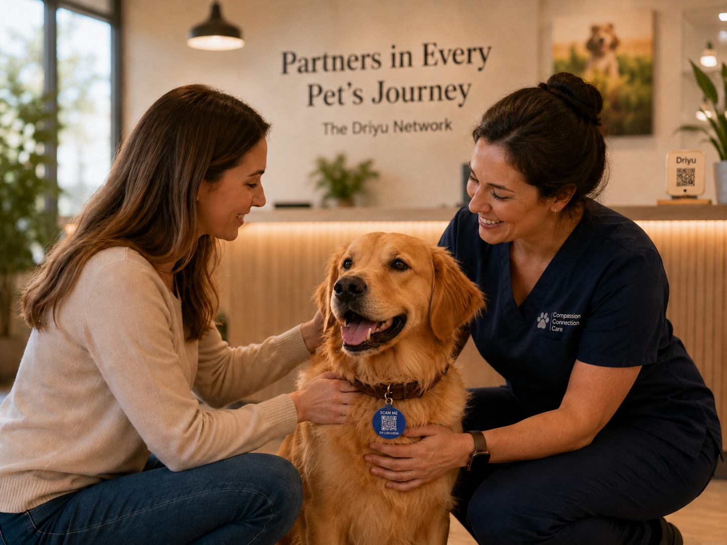 Pet owner and care professional handoff moment with a real Driyu tag visible.